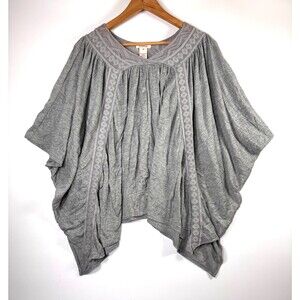 Sundance Crinkle Poncho Top Women Medium Gray Crochet Trim Oversized Boho Blouse